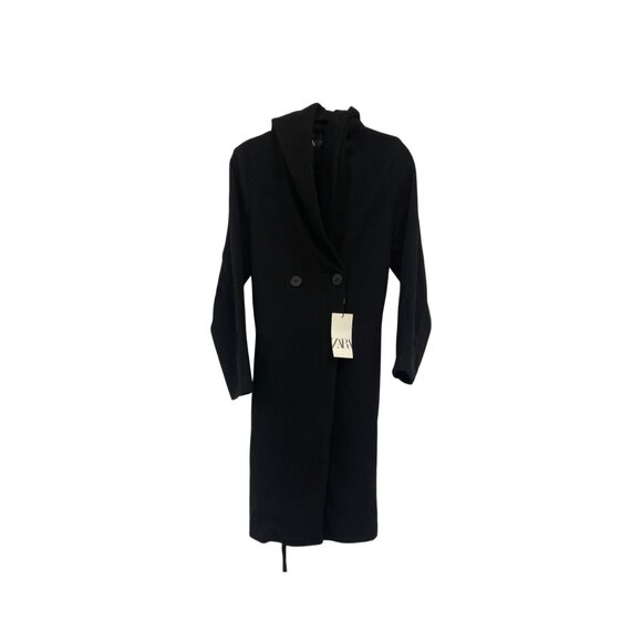 Zara Womens Coat Soft Jacket S Small Black Hooded Double-Breasted 3046/032 NWT - Picture 1 of 16